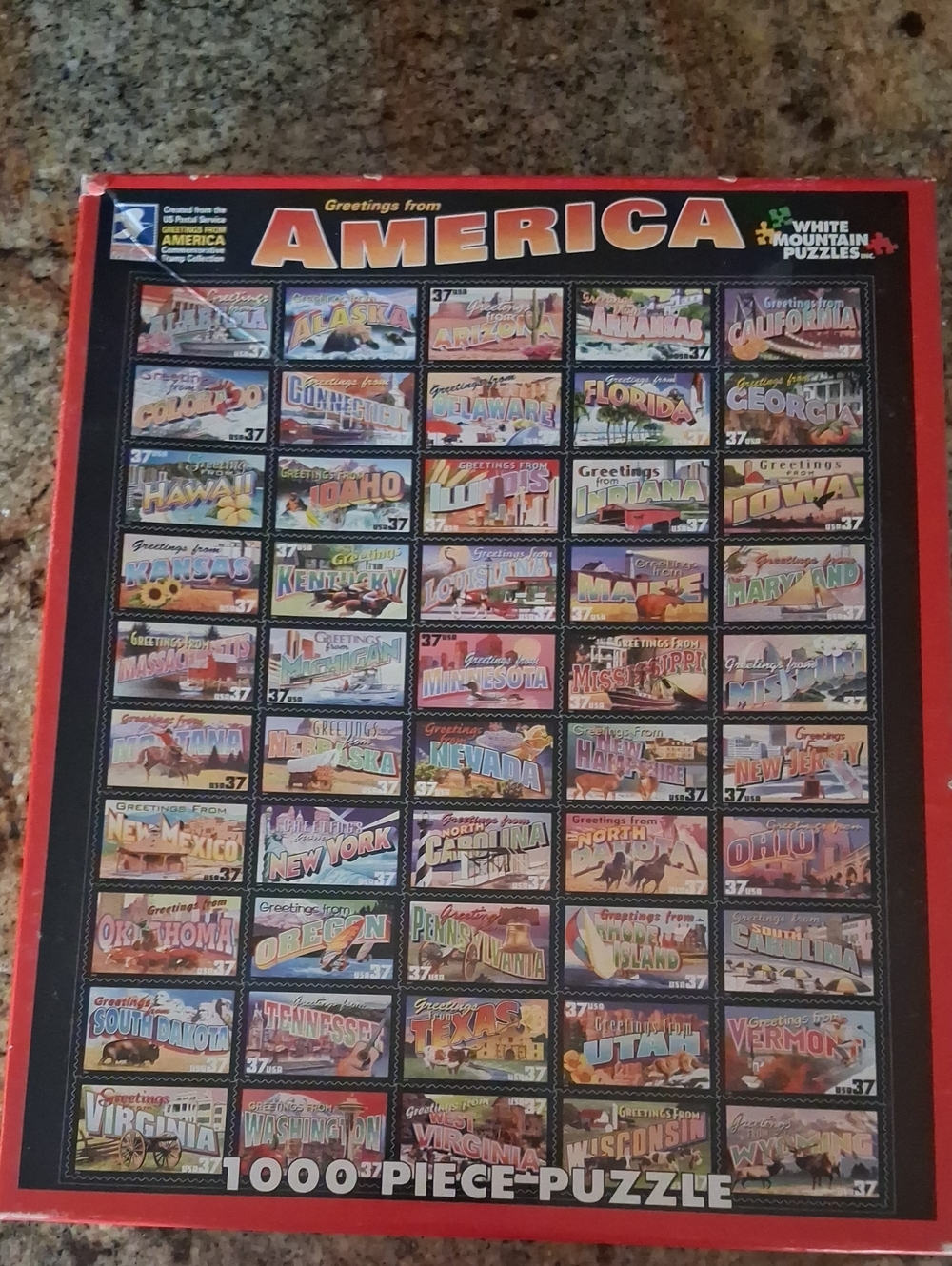 White Mountain Red Framed 'America' Vintage Postcard Collage Puzzle